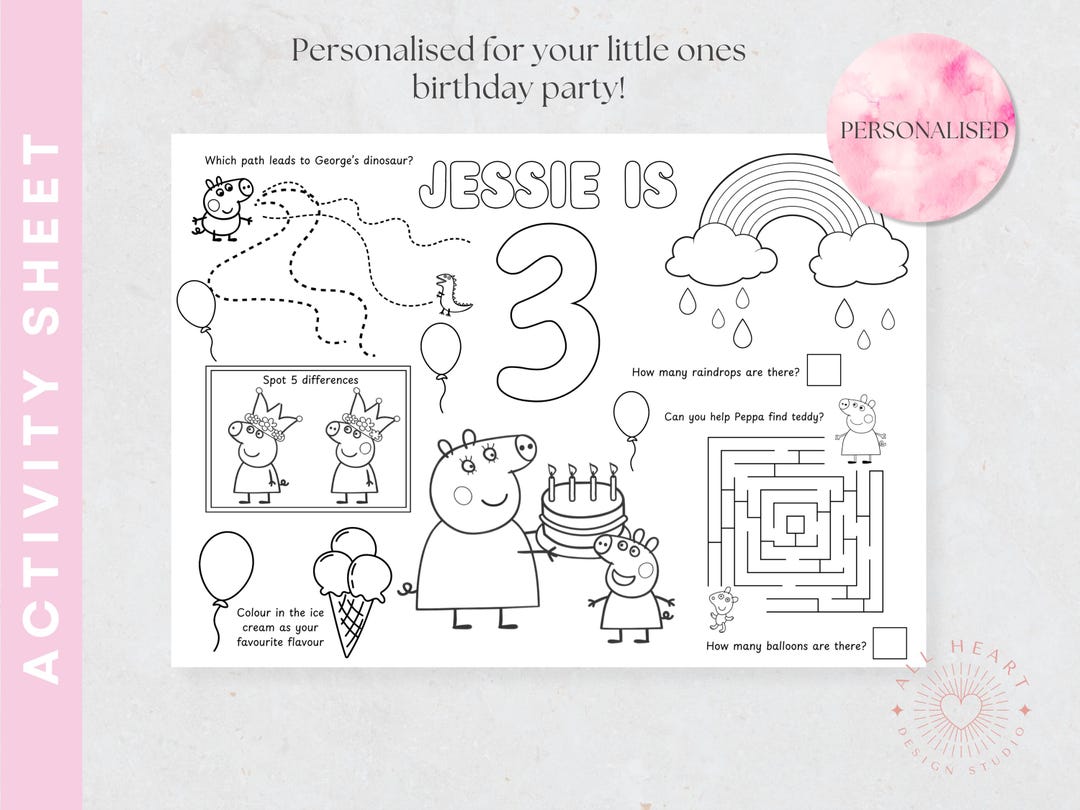 Personalised Peppa Pig Activity Sheet Peppa Pig Birthday Party Children's Party Toddler Party ...