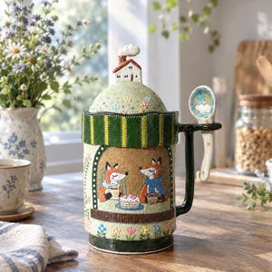 May include: A ceramic mug with a lid featuring a small house sculpture on top. The mug body displays a textured scene of two foxes sitting at a table with a cake. It includes a dark green striped rim, a dark handle, and a matching spoon with a cloud design.
