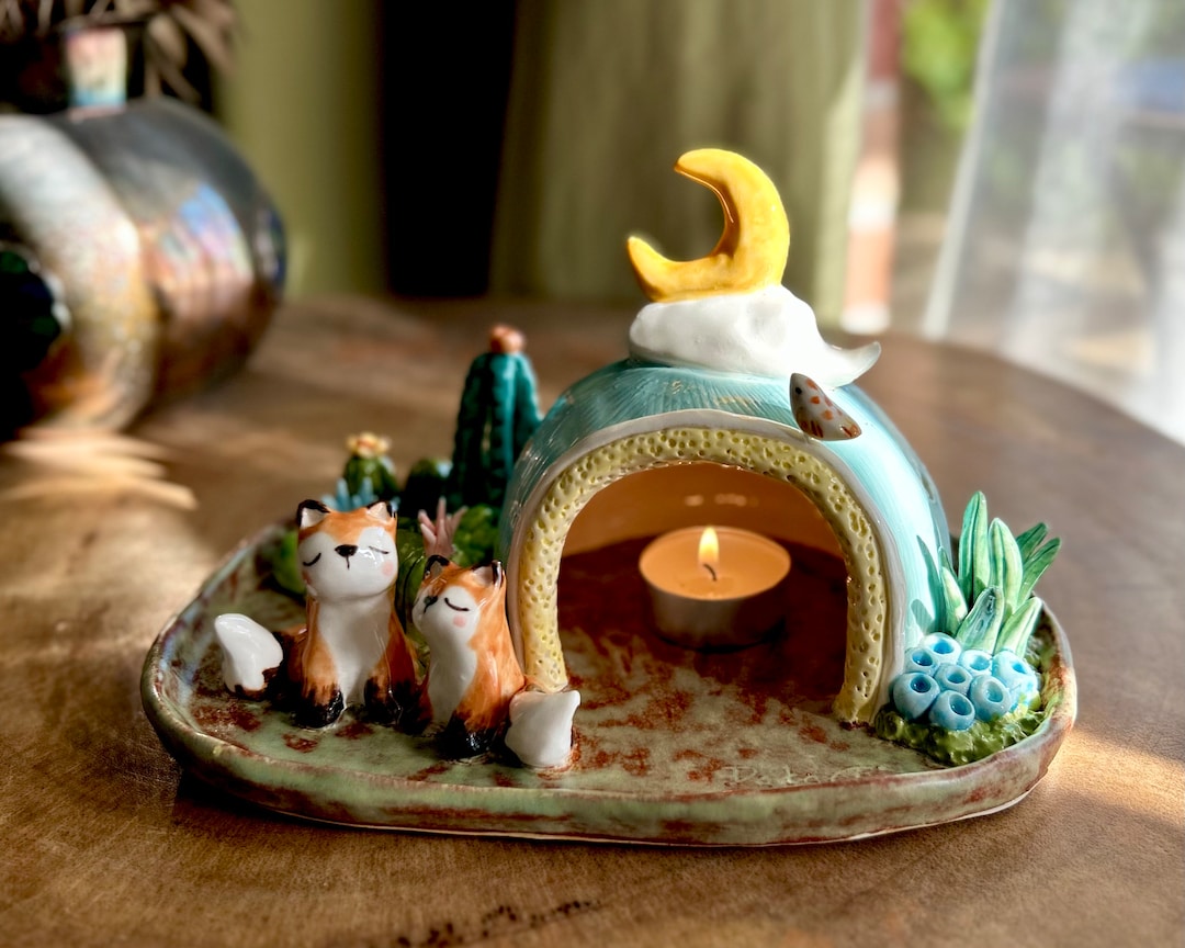 The Fox Family/foxes Candle Holder/miniature Fox Figures/handmade