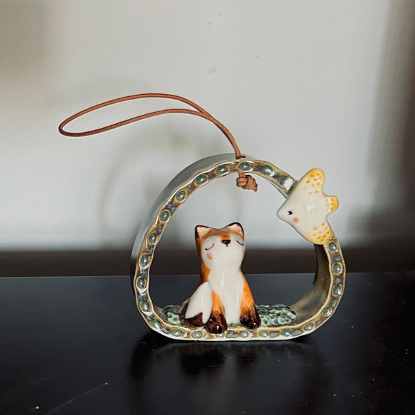 Whisper/Fox & bird/Porcelain wall frame/Decorative hanging ornaments/Porcelain fox /Wall hanging/Handmade unique figures /Porcelain figures