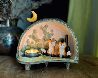 The fox with iced lake/Miniature fox Figures/Handmade ceramic candle holder/Tabletop Ceramic Shrine/One of a kind Ceramic Altar