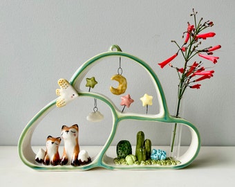 Mini vase renard à suspendre/Renard et oiseau/Cadre mural en porcelaine/Ornements décoratifs à suspendre/Figurine renard en porcelaine/Figurines uniques faites main