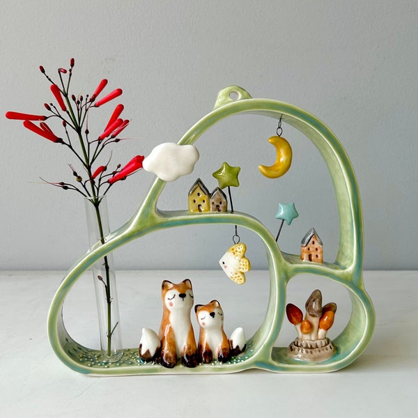 Whispering-wall hanging mini vase/Fox& bird/Porcelain wall frame/Decorative hanging ornaments/Porcelain fox figurine/Handmade unique figures