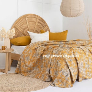 Queen Kantha Quilt, Senf Gelb Quilt, Handgefertigte Tagesdecke, Hand Block Gedruckt Quilt, 100% Baumwolle Bettwäsche, Wohnkultur Decke