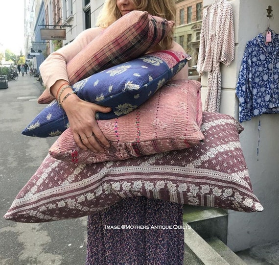 10pcs Set Vintage Kantha Pillow Covers, 18x18 Inches Indian Bohemian Patchwork Kantha Cushion Cover, Handmade Antique Kantha Throw Pillow