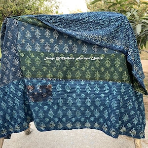 Indigo Kantha Quilt, Reversible Vintage Kantha Quilt, Kantha Bedspread, Indian Ralli throw, Handmade Quilt, Hand Stitched Cotton Throw image 1