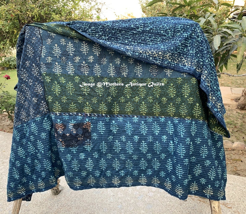 Indigo Kantha Quilt, Reversible Vintage Kantha Quilt, Kantha Bedspread, Indian Ralli throw, Handmade Quilt, Hand Stitched Cotton Throw image 1