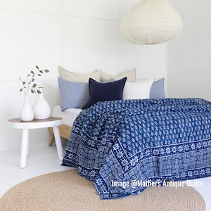 Indigo Kantha Quilt, Blue & White, Handmade Bedspread, Hand Block Printed, 100% Cotton Bedding, Home Decor Throw Blanket, King Queen Size
