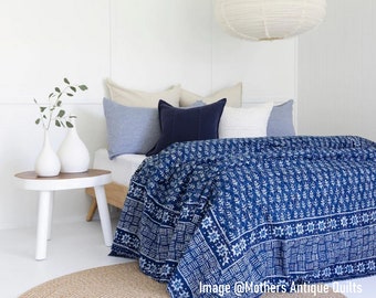 Indigo Kantha Quilt, Blue & White, Handmade Bedspread, Hand Block Printed, 100% Cotton Bedding, Home Decor Throw Blanket, King Queen Size