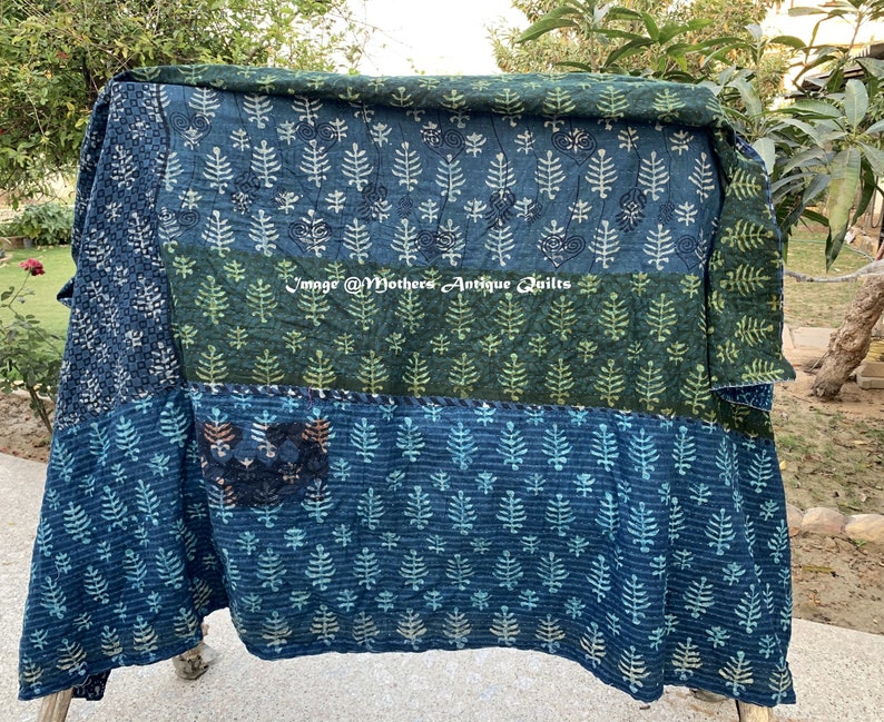 Indigo Kantha Quilt, Reversible Vintage Kantha Quilt, Kantha Bedspread, Indian Ralli throw, Handmade Quilt, Hand Stitched Cotton Throw image 2