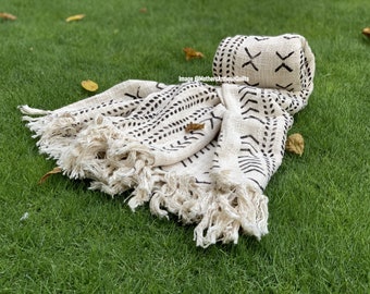 Cotton Throw, Bohemian Mud Cloth Throw, Hand woven Beach Blanket, Cotton Sofa Throw for Living Room, Turkish Bedspread, Sofa Couch Coverlet