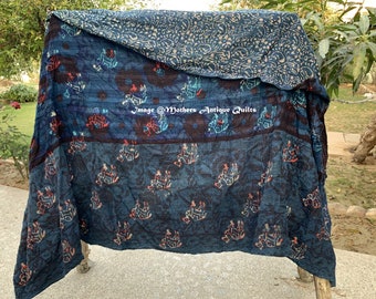 Indigo Kantha Quilt Indian Vintage Handmade Kantha Quilt Twin Cotton Kantha Quilt Bedspread Ralli Throw Bed Cover Blanket