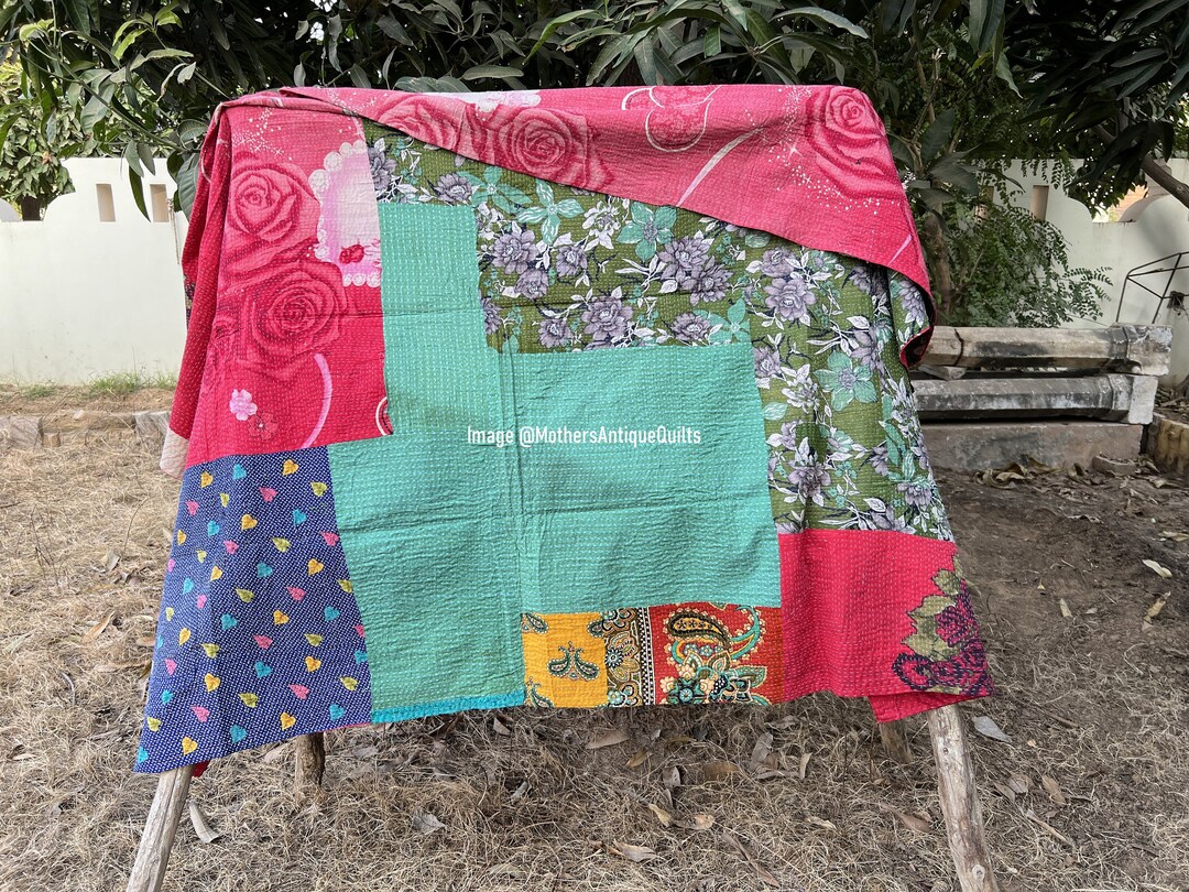 Reversible Kantha Quilt Antique Vintage Kantha Throw Hand Stitched Quilt Boho Cotton Quilt