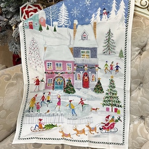 Christmas tea towel "Charming Christmas Village" , 100 % Cotton , Rectangular form ,Unique Design.