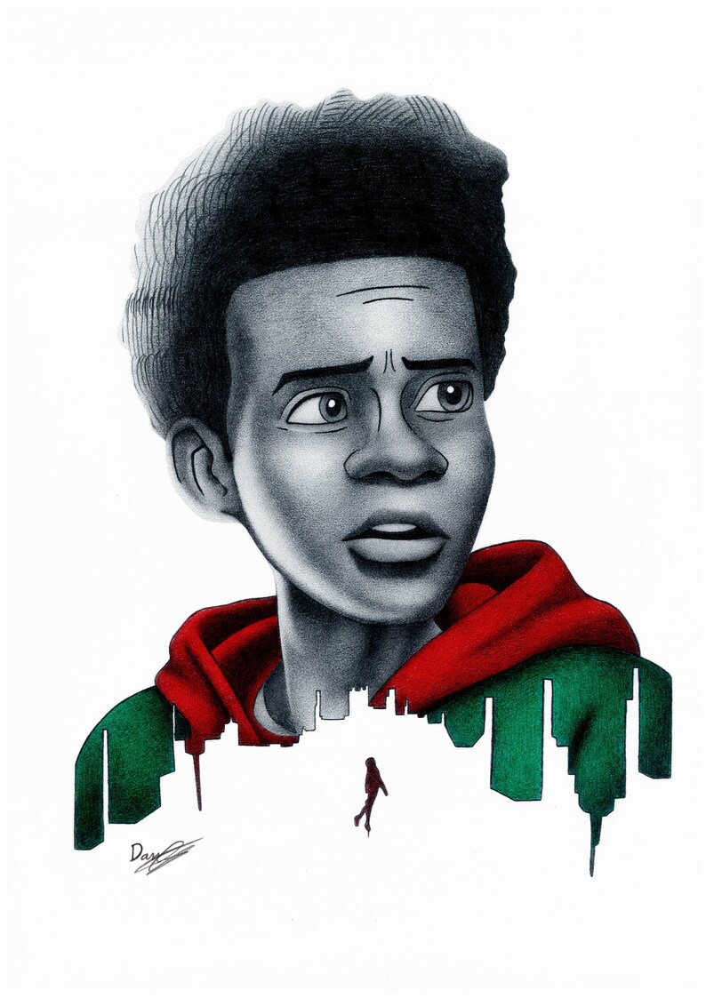 Miles Morales Into the SpiderVerse Portrait Drawing Print Etsy