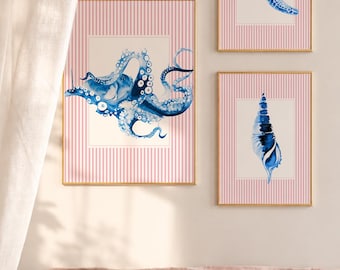 Preppy-Wandbild mit rosa-blauen Streifen, Aquarell-Poster mit Meeresmotiven (Seepferdchen, Oktopus, Schildkröte, Fisch), Küsten-Grandmillennial-Dekoration