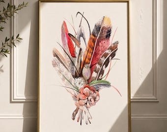 Poster mit botanischem Federstrauß, Boho-Wandbild mit Federn, Wildblumen- und Federmotiv, Naturnahe Wohndekoration, 12 Designs