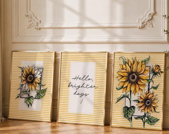 Sonnenblumen-Wandbild, kräftig gestreiftes botanisches Dekor, Aquarell-Blumenkunst, 3er-Set oder 1 Stück, handgezeichnet
