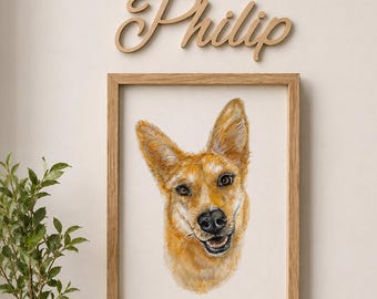 Hundehalter Geschenk, Hunde Portrait mit Rahmen und Namensschild aus Holz, Handgezeichnetes Hunde Portrait Geschenk-Set. Hund Mama Geschenk, handgemachtes Haustier-Set