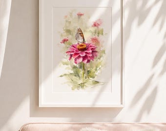 Niedlicher rosa Aquarelldruck, Schmetterlings- und Blumenmotiv, Vintage-Poster mit botanischen Motiven, zartrosa Dekoration, Schlafzimmerwanddekoration, 12x16, 8x10, 5x7
