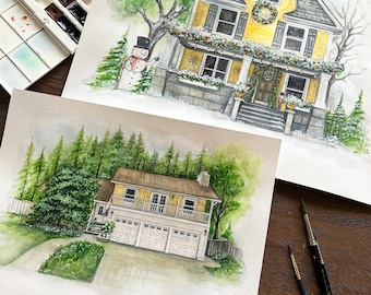 100 % originales Aquarell-Porträt eines Paares in ihrem Zuhause, Auftragsarbeit, Wandbild für das erste eigene Zuhause, komplett handgefertigt, weltweiter Versand