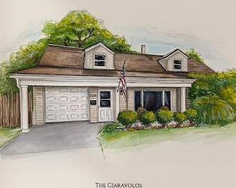 Echtes Auftragskunstwerk: Hausporträt, Original-Aquarell des ersten Zuhauses, Kunst nach Foto, personalisierte Erinnerung an das neue Zuhause, Versand in die USA