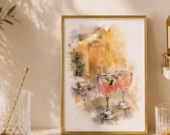 Kunstdruck „Pinke Cocktails“, Aquarellposter „Italienischer Aperitivo“, Dekoration für die Hausbar, Digitaler Download, Romantischer Café-Druck, Küchenbild