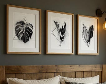 Minimalistische botanische Illustration, 4er-Set Wandbilder für über dem Bett, Schwarz-Weiß-Tropenblatt, abstrakte Geometrie