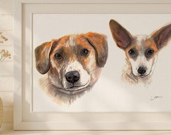 Commission Artwork 100% Original Pet Portrait, Hers and His Pets in One Painting, Hand Painted Watercolor, Couple's Gift, Ships to USA