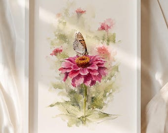 Mädchenhaftes Poster mit rosa Blume und Schmetterling, Sofort-Download, niedliches botanisches Wandbild, Aquarell-Druck