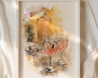 Aquarell-Cocktailposter, Wandbild für die Hausbar, Dekoration für den Barwagen, Romantischer Druck für Getränke in der goldenen Stunde – 5x7, 8x10, 12x16 Zoll