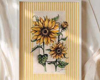 Gestreiftes Sonnenblumenposter im toskanischen Stil, Wandbild im italienischen Stil, mediterrane Wohndekoration, botanische Aquarellmalerei, 3er-Set oder 1 Stück