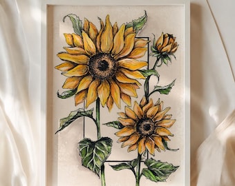Aquarell-Sonnenblumen-Kunstdruck, Original-Botanisches Wandbild, Sonnenblumen-Dekoration, 3er-Set oder 1 Stück, handgezeichnet