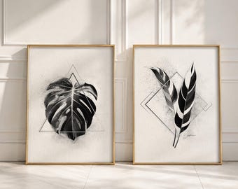 Geometrischer botanischer Kunstdruck in Schwarz-Weiß, minimalistische Wanddekoration für über dem Sofa, abstraktes Blattdekor, grafische Illustration, 4er-Set