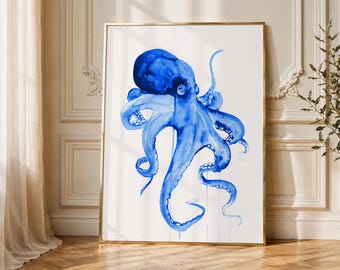 Blaue Aquarell-Poster mit Meeresmotiven – Seepferdchen, Oktopus, Meeresschildkröte, Fische – 12 maritime Deko-Elemente für Küste und Strand, Einzeldruck oder Set