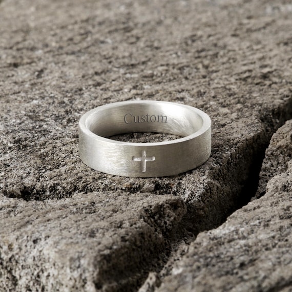 Personalized Cross Ring Solid 925 Sterling Silver, Couple Band Religious Jewelry Engraved