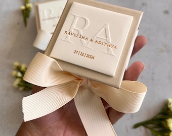 Custom Wedding Favor Box: Personalized Ribbon, Foil Print