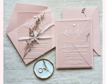 Unique Acrylic invitation, Acrylic wedding invitation with blush envelope