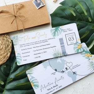 Tropical destination wedding boarding pass wedding invitation aviation airplane travel theme passport plane ticket