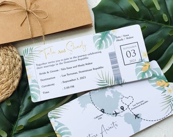 Tropical destination wedding boarding pass wedding invitation aviation airplane travel theme passport plane ticket