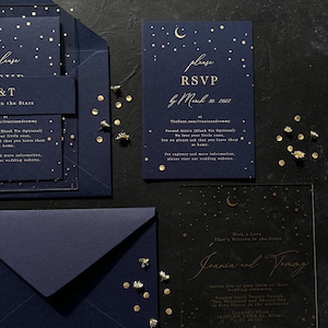 Starry night themed acrylic invitation with navy blue mid night blue envelope afbeelding 8