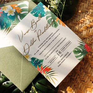 Tropical theme destination wedding travel wedding invitation