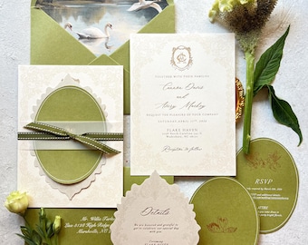 0006 | Invitation de mariage Jardin Vert Sauge | Doublure d'enveloppe Cygne, design élégant et intemporel
