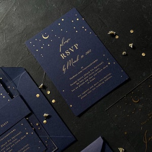 Starry night themed acrylic invitation with navy blue mid night blue envelope image 3