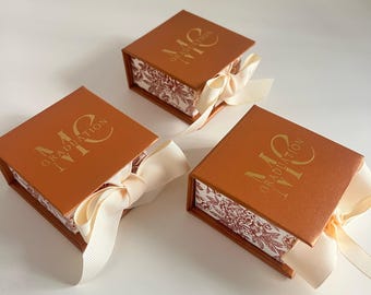 Custom Wedding Favor Box: Personalized Ribbon, Foil Print
