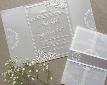 Acrylic Invitation unique design white elegant white ink clear transparent vellum