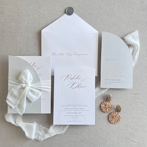 Salbeigrün mininal Einladung, minimal blind-gepresste Einladung, weiße Hochzeitseinladung, elegante Einladung, Letterpressed Einladung, modern