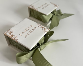 Custom Wedding Favor Box: Personalized Ribbon, Foil Print