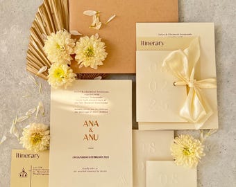 Letterpress embossed Wedding invitation, minimal, elegant, modern, classic, beige, ivory, cream, off-white blind embossed