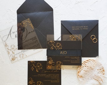 Unique black Acrylic Invitation with gold print envelope  black Autumn fall winter colours customade